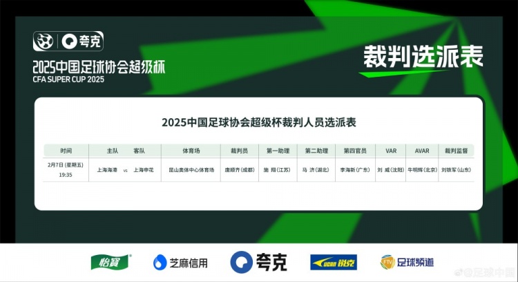  超級杯海港vs申花裁判員名單：主裁判唐順齊，VAR劉威