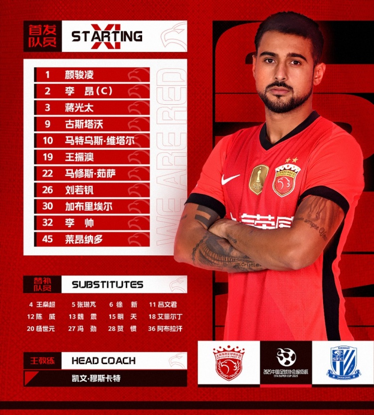  2025超級杯上海海港vs上海申花 ，今日首發(fā)名單