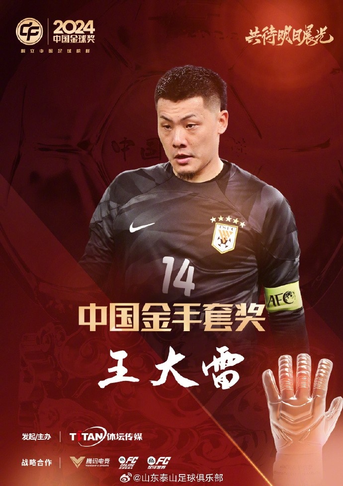  王大雷榮獲中國金手套獎，謝文能入選中國金球獎候選人前三名