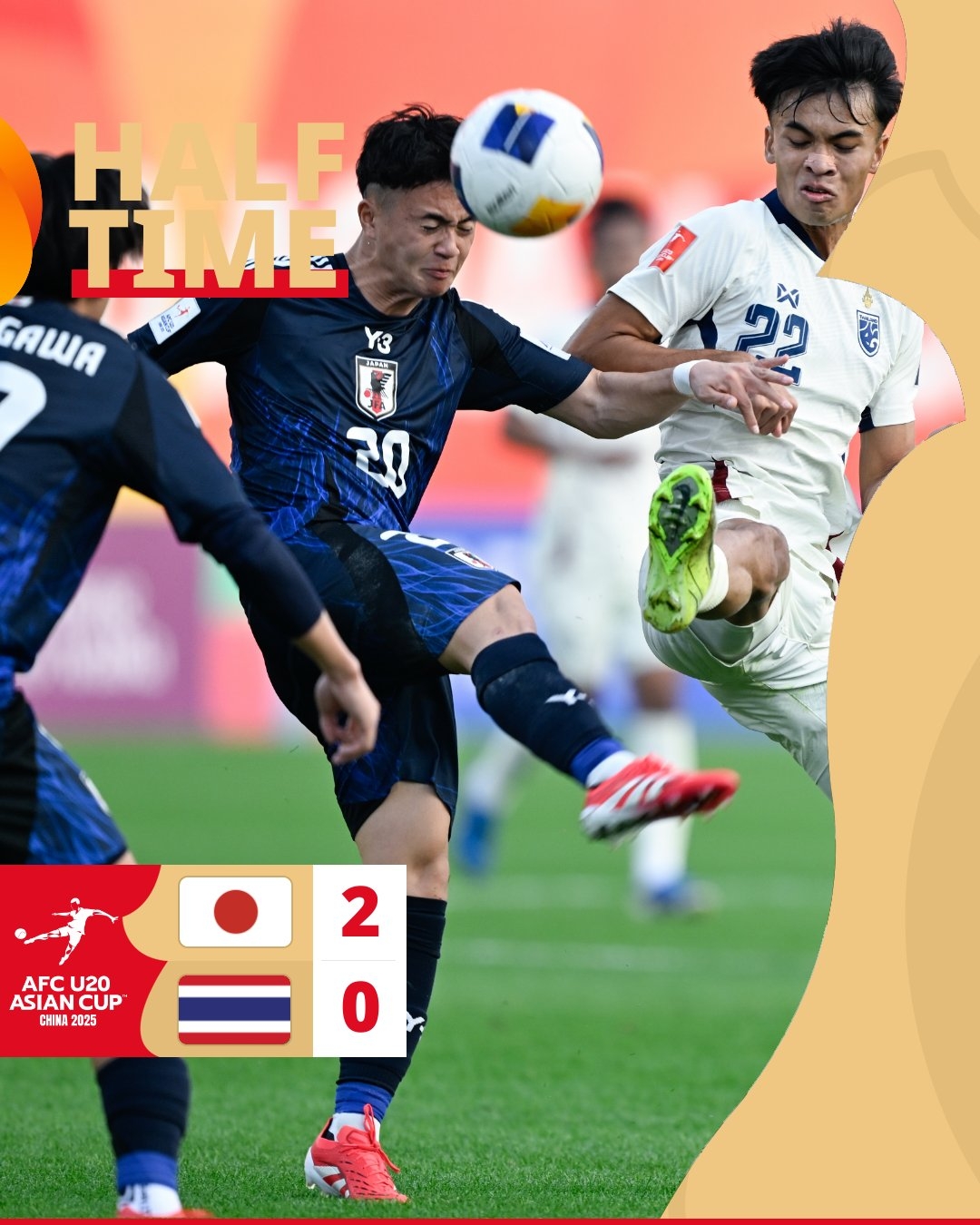  半場(chǎng)-日本U20 2-0領(lǐng)先泰國U20，石井久繼破門(mén)+中柱 泰國0射正