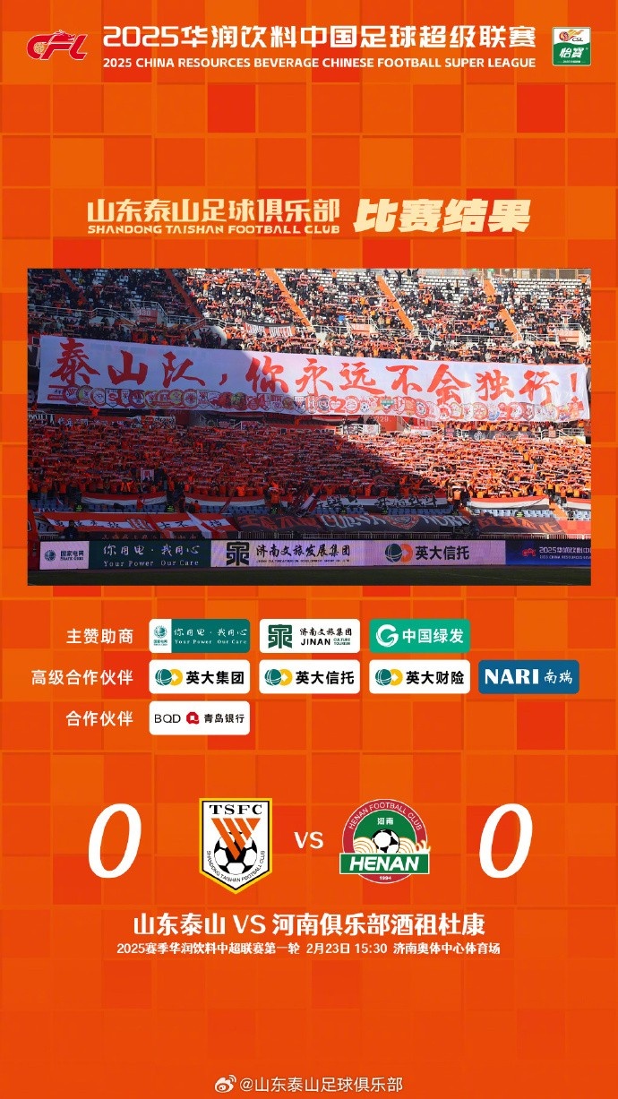  中超首戰，泰山隊雖未取勝，但全隊展現出了頑強的拼搏精神
